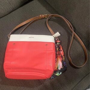 Anne Klein Coral, White & Brown Crossbody with Floral Scarf Accent